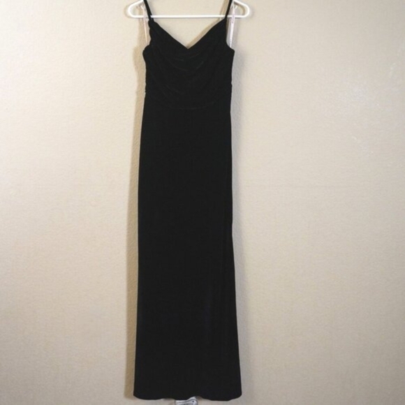 Lavetir Black Crushed Velvet Maxi Dress V Neck Side Slit 6 Strappy Witchy Goth - Picture 3 of 13